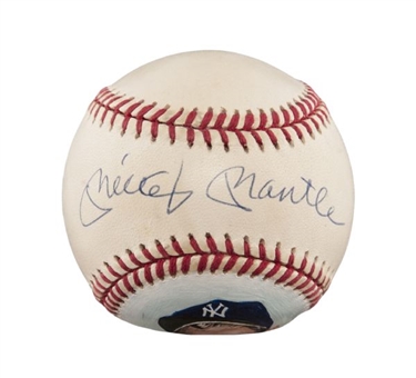 Mickey Mantle Single Signed Baseball With Handpainted Image
